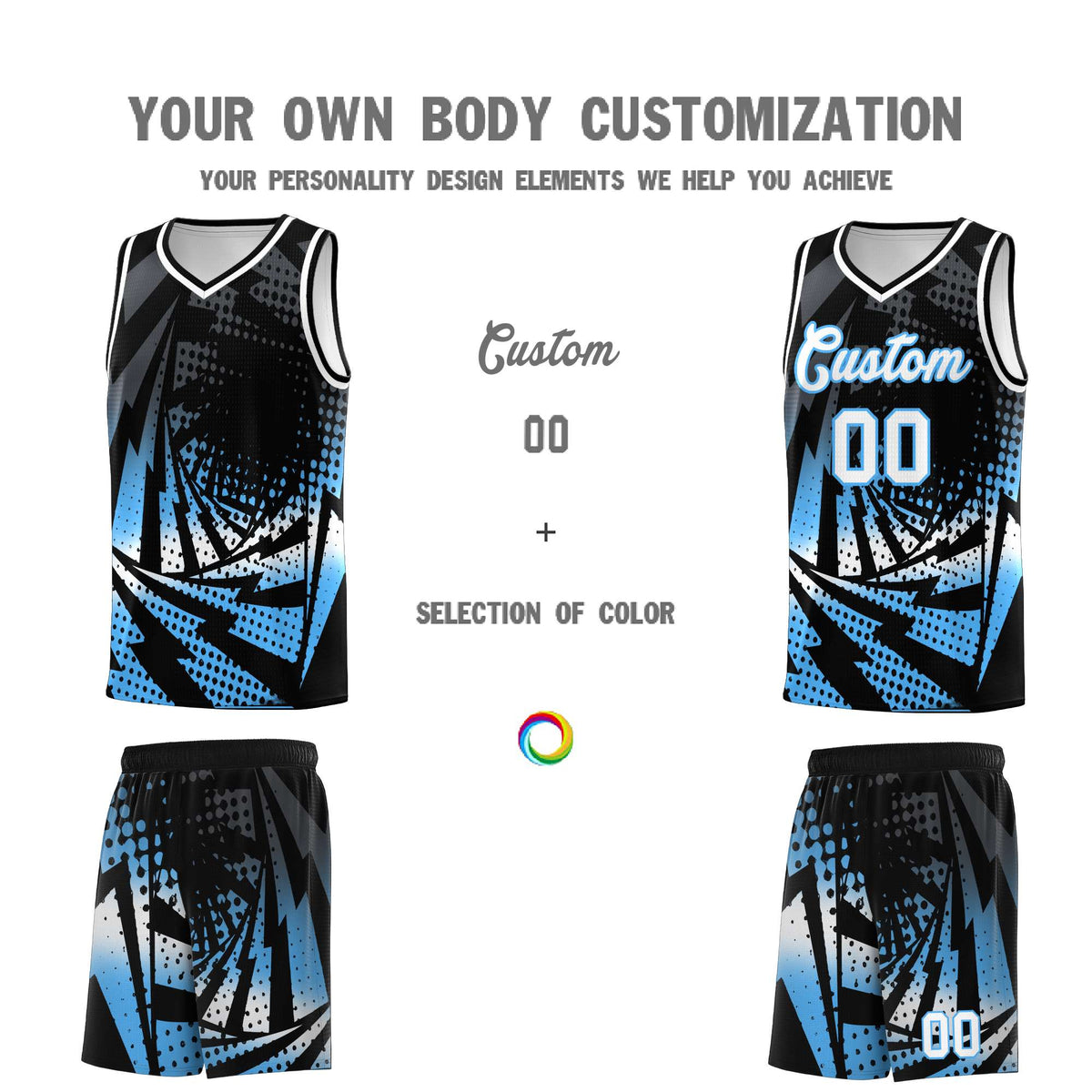 Custom Youth Basketball Jerseys Black Powder Blue Lightning Design Halftone Personalized Uniforms