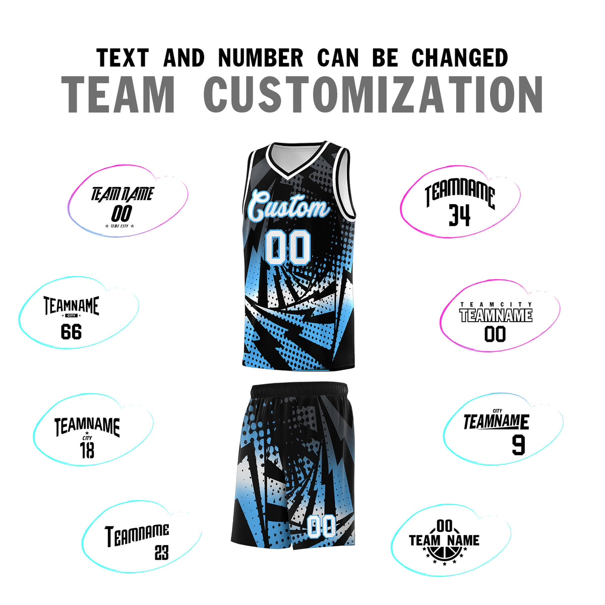 Custom Youth Basketball Jerseys Black Powder Blue Lightning Design Halftone Personalized Uniforms