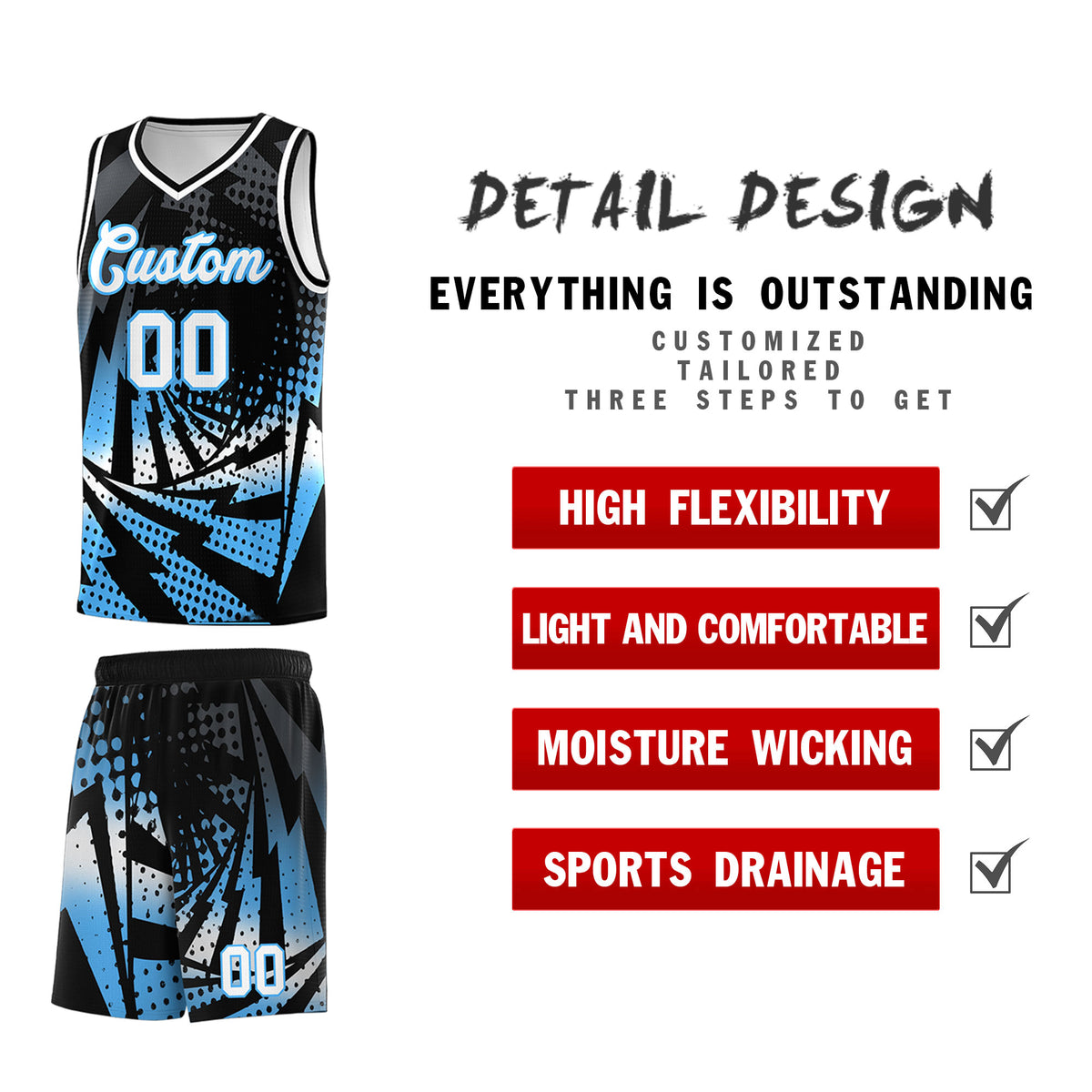 Custom Youth Basketball Jerseys Black Powder Blue Lightning Design Halftone Personalized Uniforms
