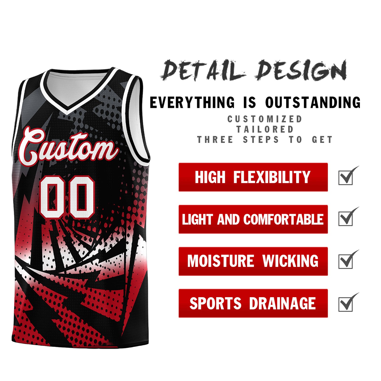 Custom Youth Basketball Jerseys Black Red Lightning Halftone Personalized Team Uniforms
