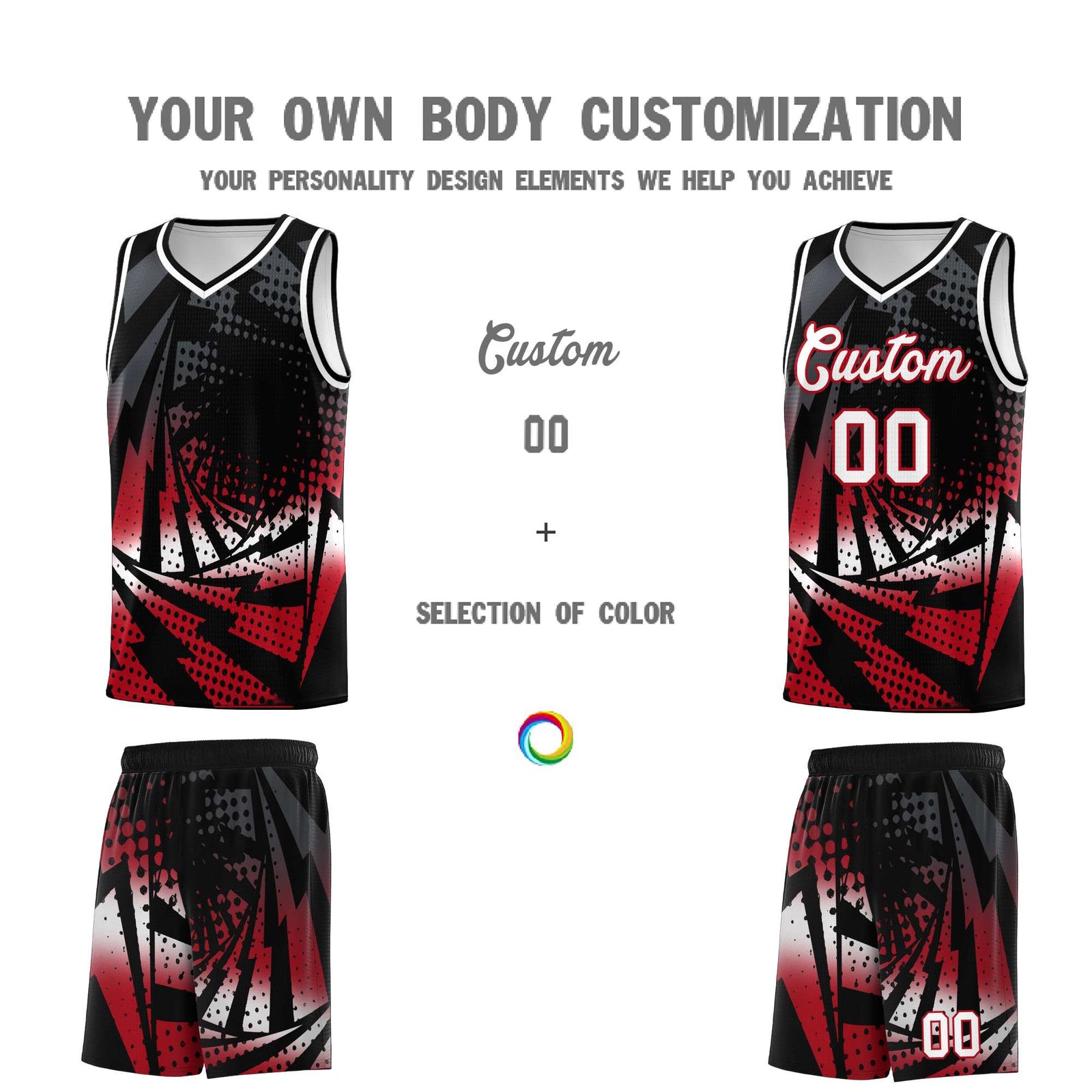 Custom Youth Basketball Jerseys Black Red Lightning Halftone Personalized Team Uniforms