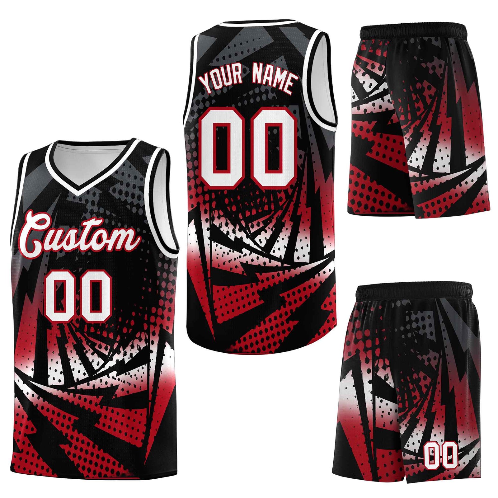 Custom Black Red Lightning Halftone Dot Design Quick-Drying Uniform Basketball Jersey