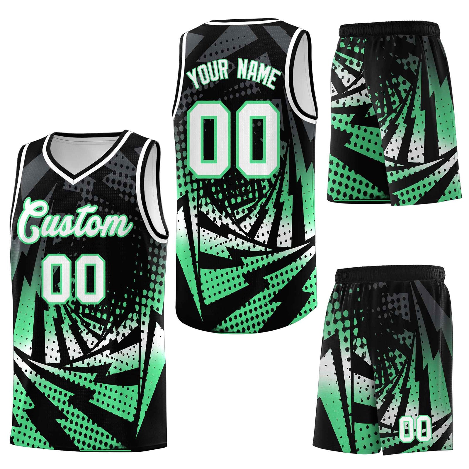 Custom Black Green Lightning Halftone Dot Design Lightweight Uniform Basketball Jersey