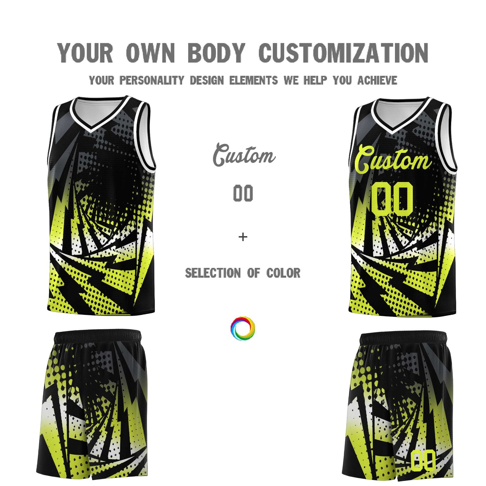 Custom Youth Basketball Jerseys Black Fluorescent Green Lightning Halftone Personalized Team Uniforms