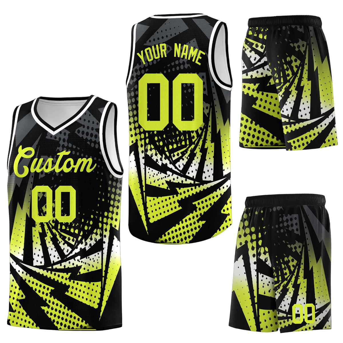 Custom Black Fluorescent Green Lightning Halftone Dot Design Wrinkle-Resistant Uniform Basketball Jersey
