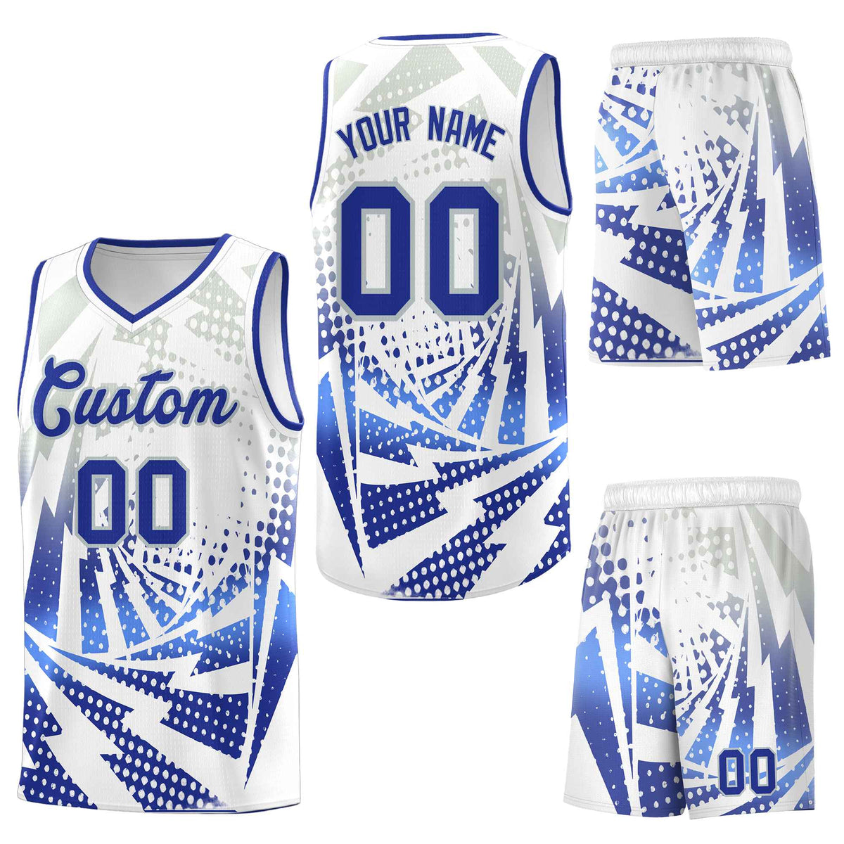 Custom White Royal Blue Lightning Halftone Dot Design Drapable Uniform Basketball Jersey