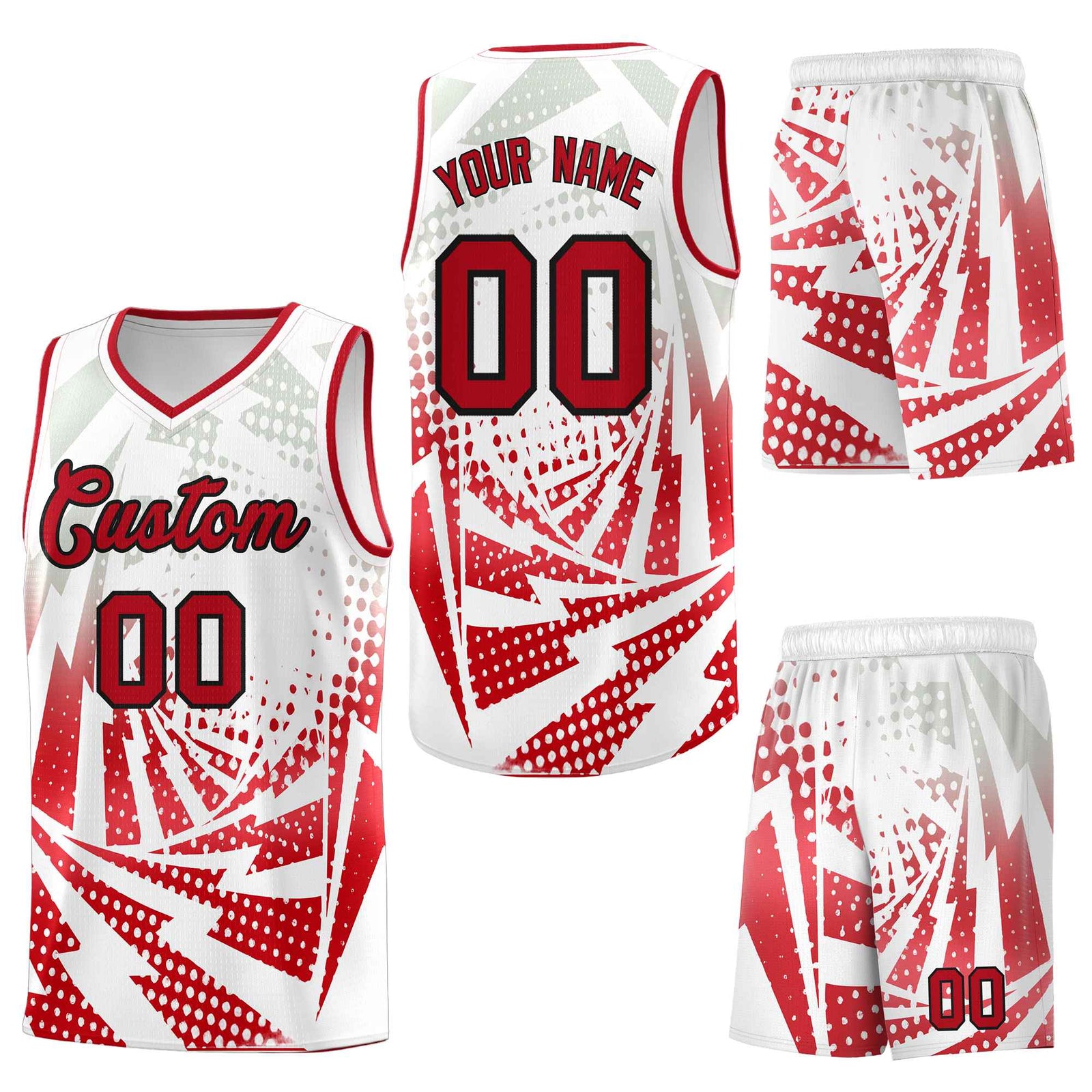 Custom White Red Lightning Halftone Dot Design Breathable Uniform Basketball Jersey