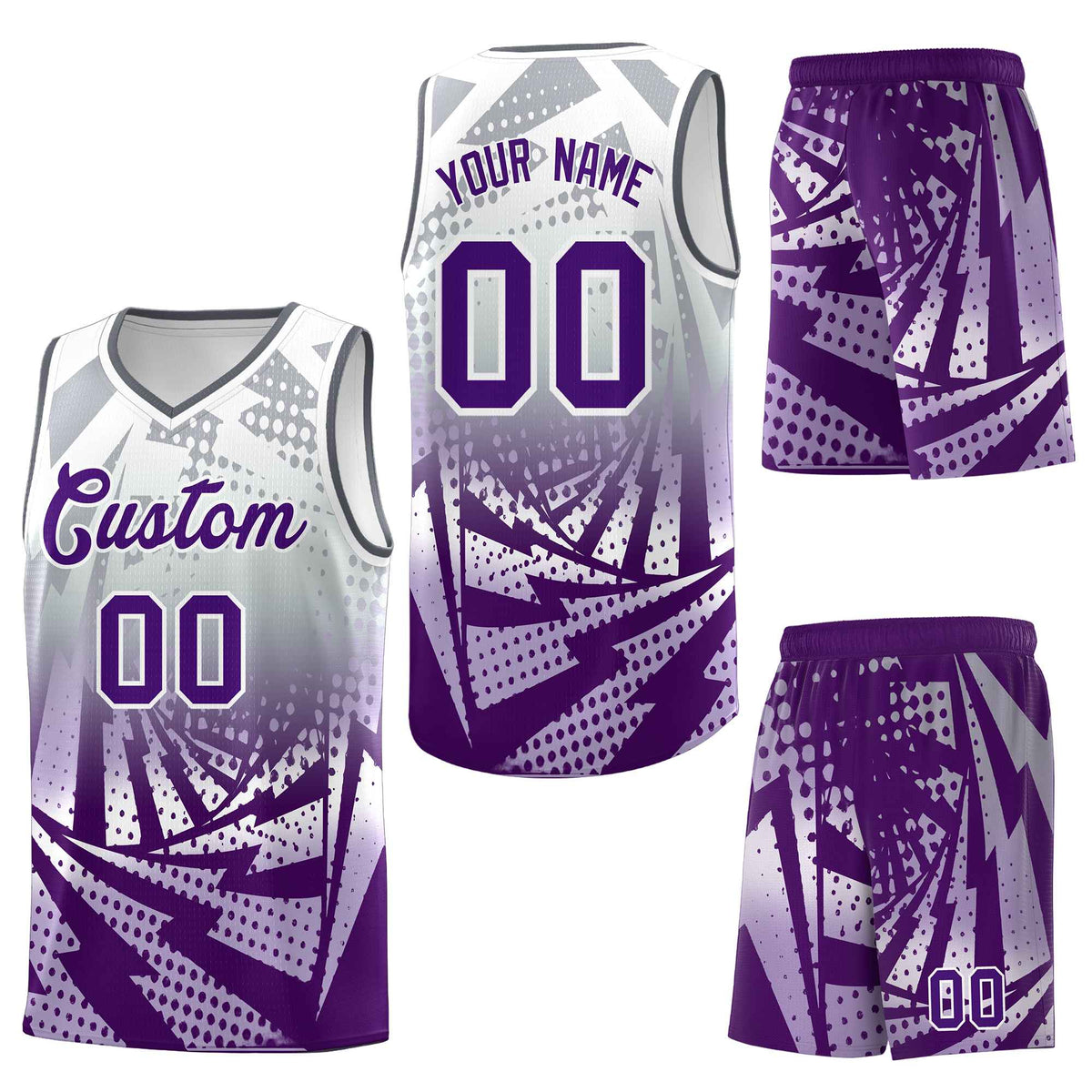 Custom Silver Gray Purple Lightning Halftone Dot Design Quick-Drying Uniform Basketball Jersey
