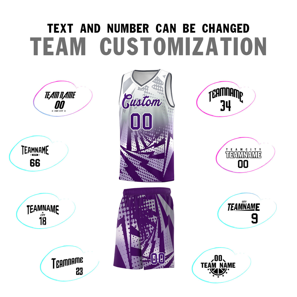 Custom Youth Basketball Jerseys Silver Gray Purple Lightning Design Halftone Personalized Uniforms