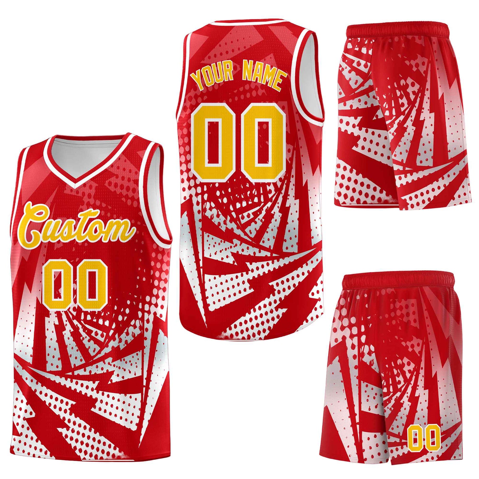 Custom Red White Lightning Halftone Dot Design Lightweight Uniform Basketball Jersey