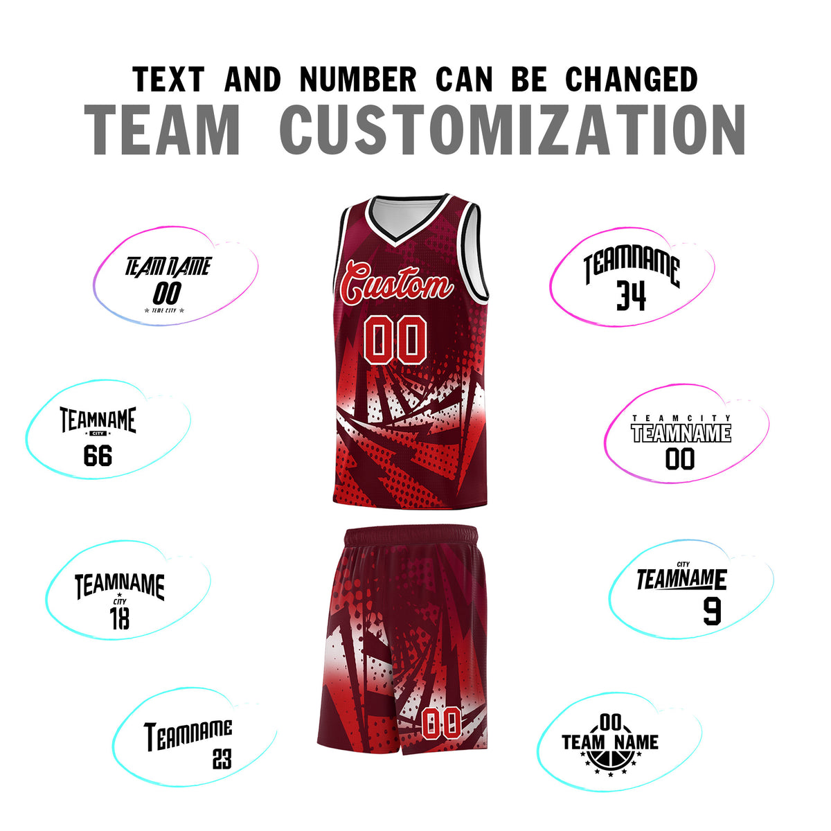 Custom Youth Basketball Jerseys Maroon Red Lightning Halftone Personalized Team Uniforms