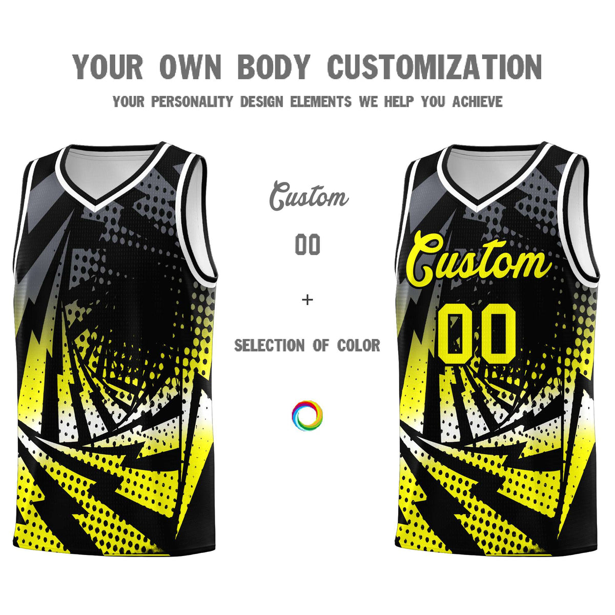 Custom Youth Basketball Jerseys Black Fluorescent Yellow Lightning Design Halftone Personalized Uniforms