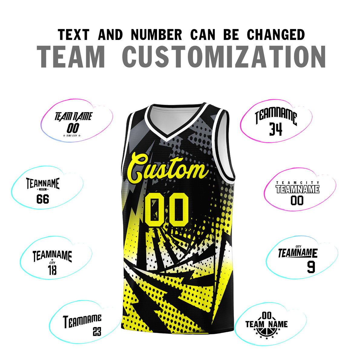Custom Youth Basketball Jerseys Black Fluorescent Yellow Lightning Design Halftone Personalized Uniforms