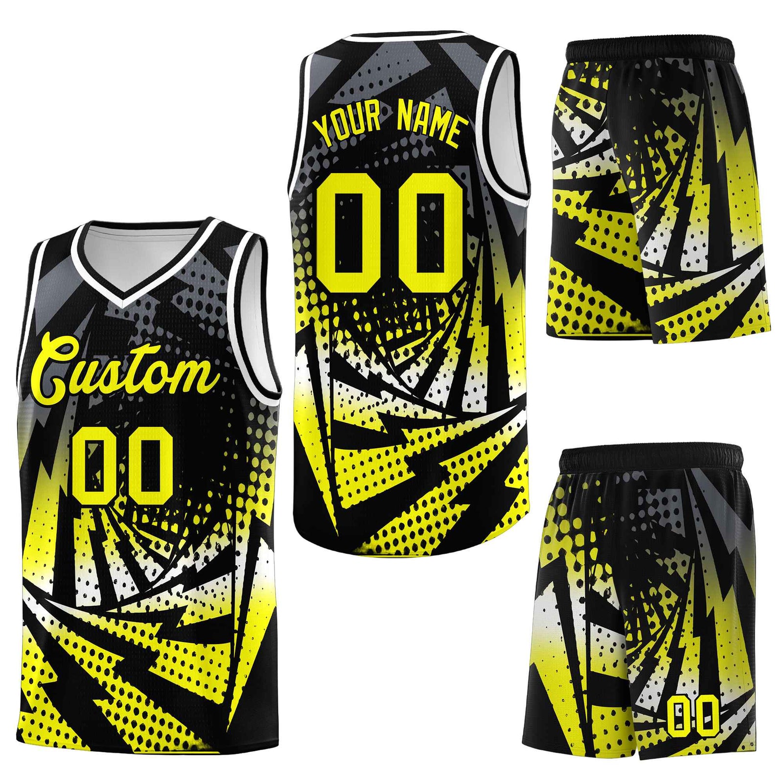 Custom Black Fluorescent Yellow Lightning Halftone Dot Design Breathable Uniform Basketball Jersey