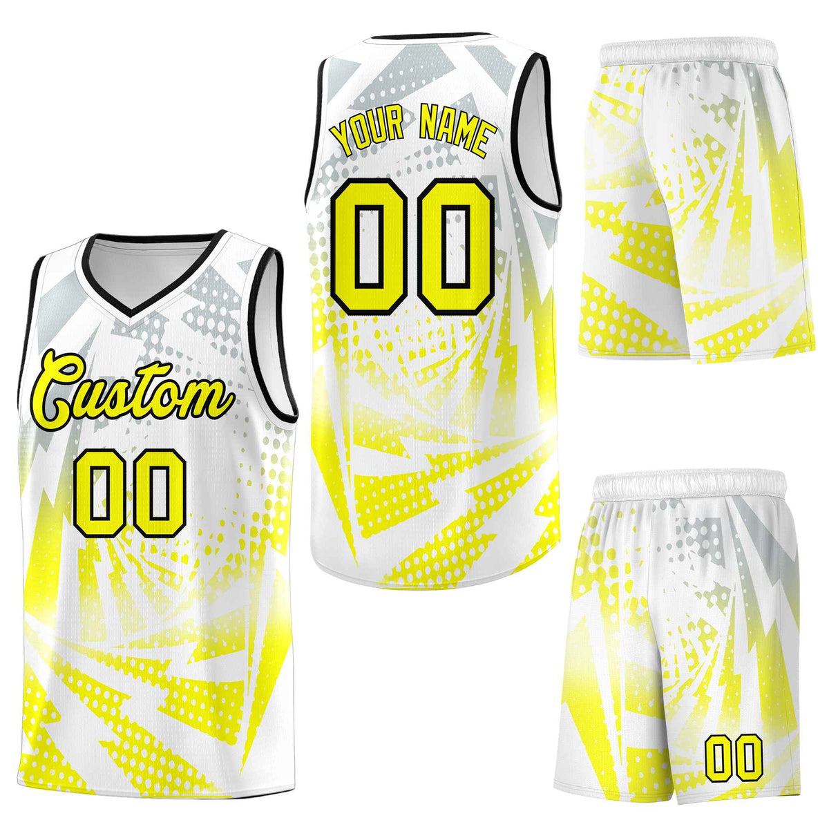 Custom White Fluorescent Yellow Lightning Halftone Dot Design Quick-Drying Uniform Basketball Jersey