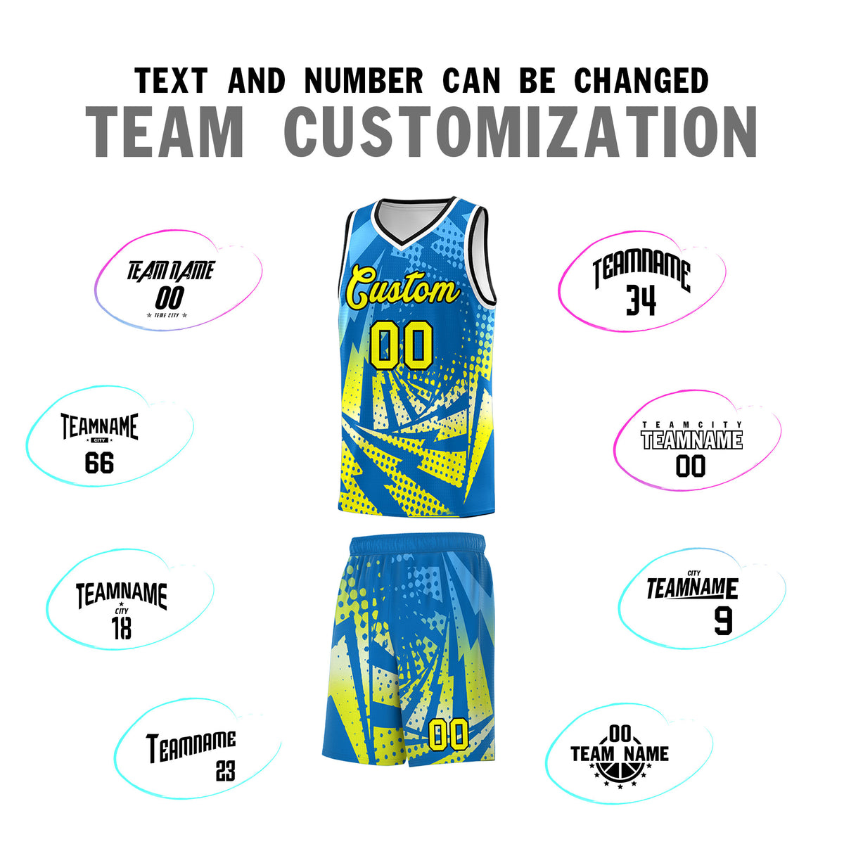 Custom Youth Basketball Jerseys Light Blue Fluorescent Yellow Lightning Design Halftone Personalized Uniforms