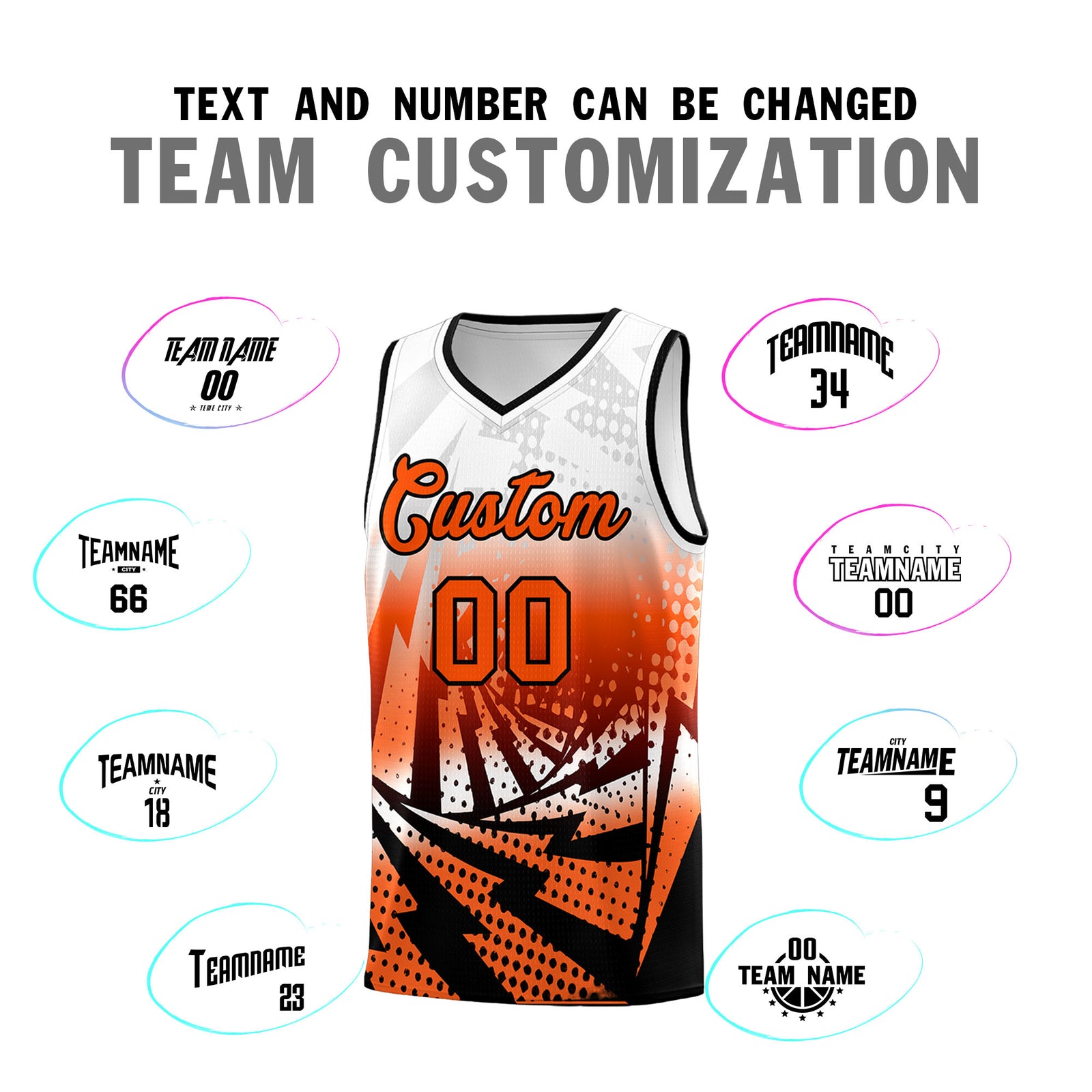 Custom Youth Basketball Jerseys White Orange Lightning Halftone Personalized Team Uniforms