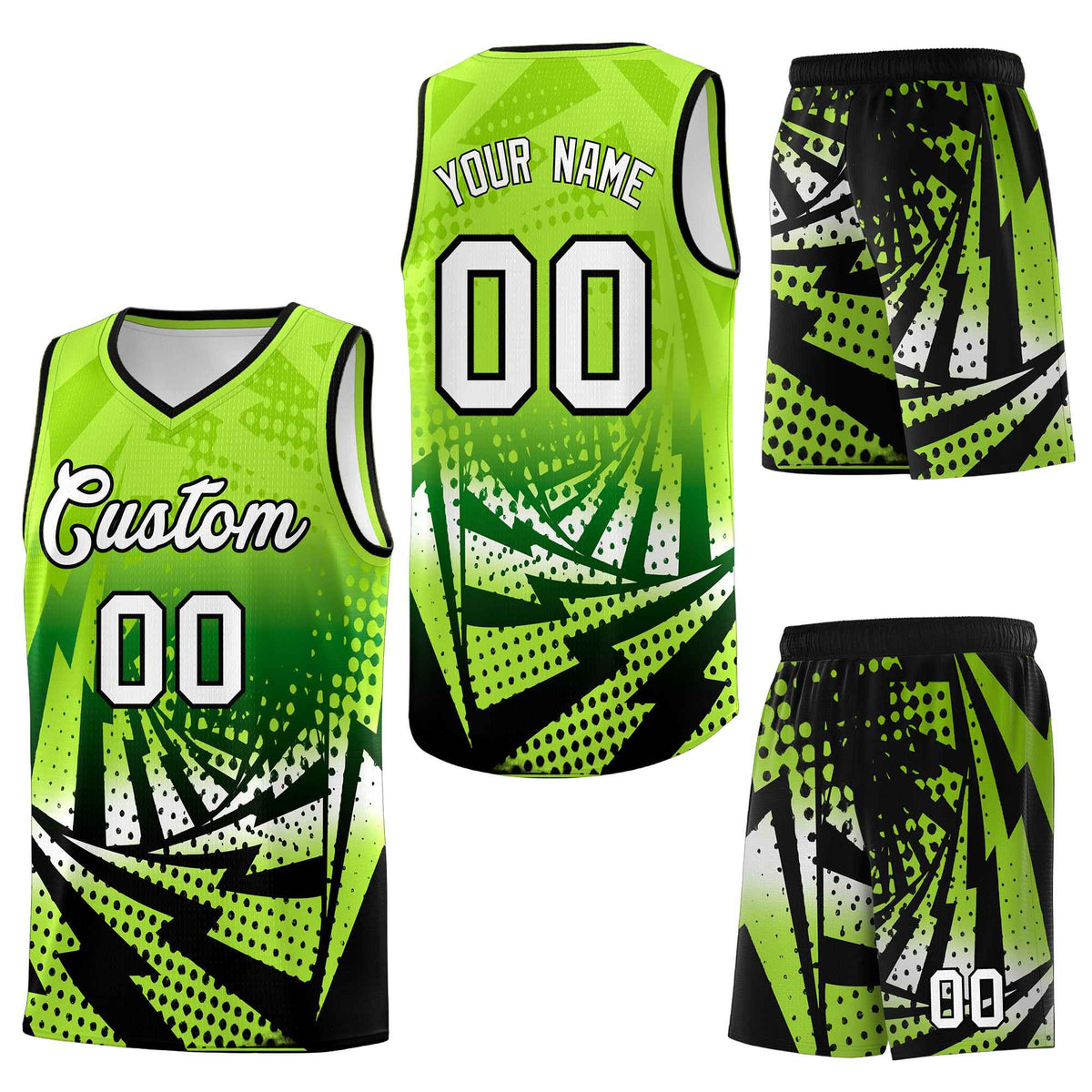 Custom Neon Green Black Lightning Halftone Dot Design Lightweight Uniform Basketball Jersey