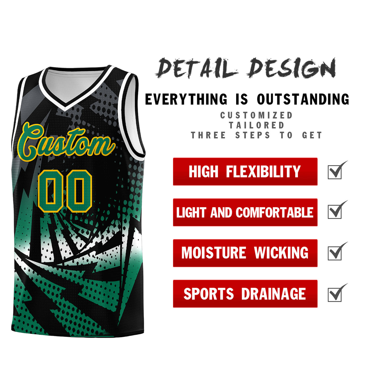 Custom Youth Basketball Jerseys Black Kelly Green Lightning Design Halftone Personalized Uniforms