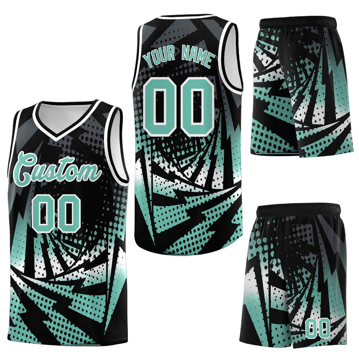 Custom Black Bright Green Lightning Halftone Dot Design Quick-Drying Uniform Basketball Jersey