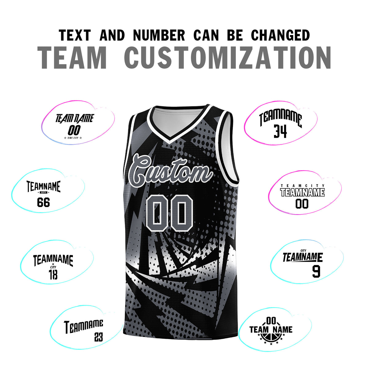 Custom Youth Basketball Jerseys Black Dark Gray Lightning Design Halftone Personalized Uniforms