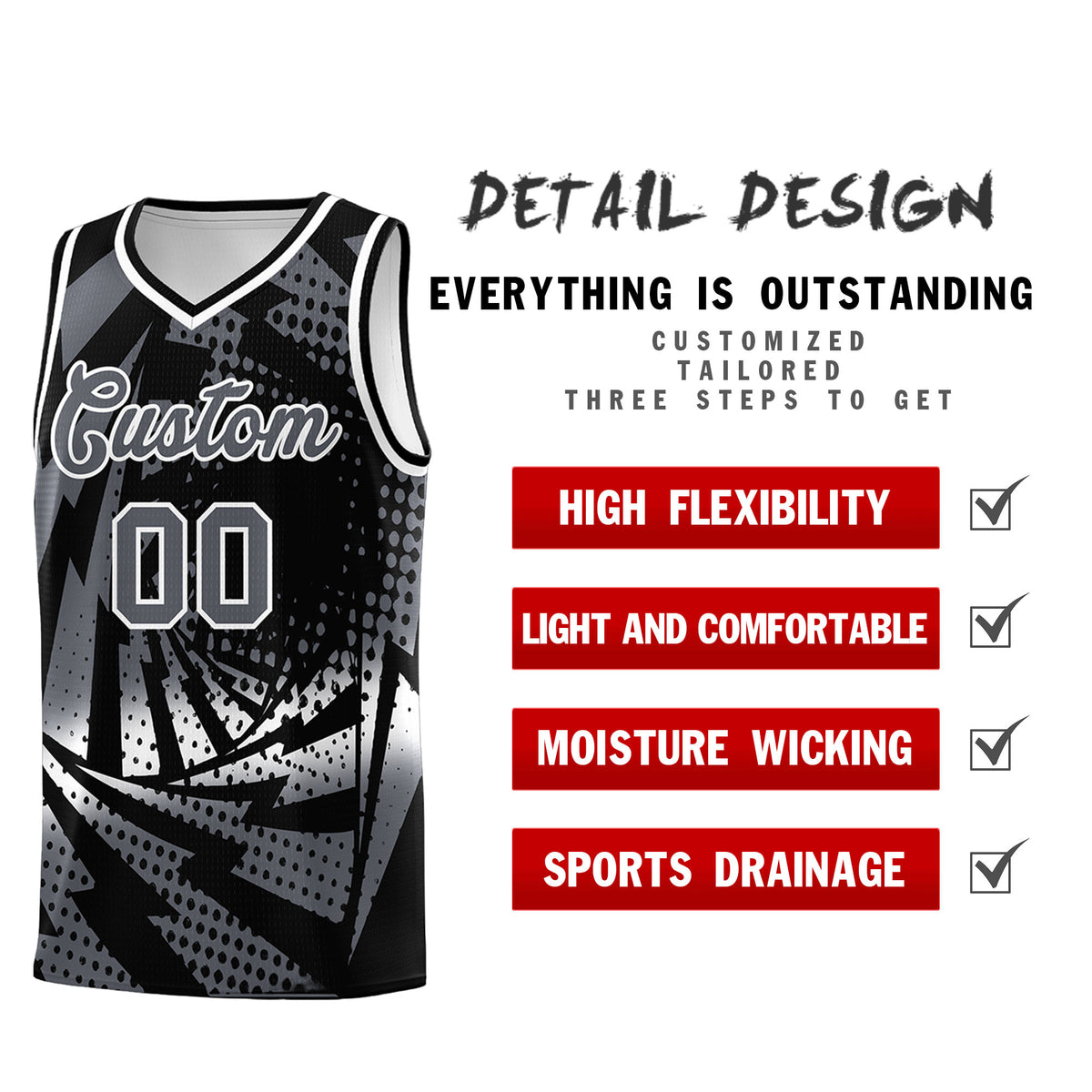 Custom Youth Basketball Jerseys Black Dark Gray Lightning Design Halftone Personalized Uniforms
