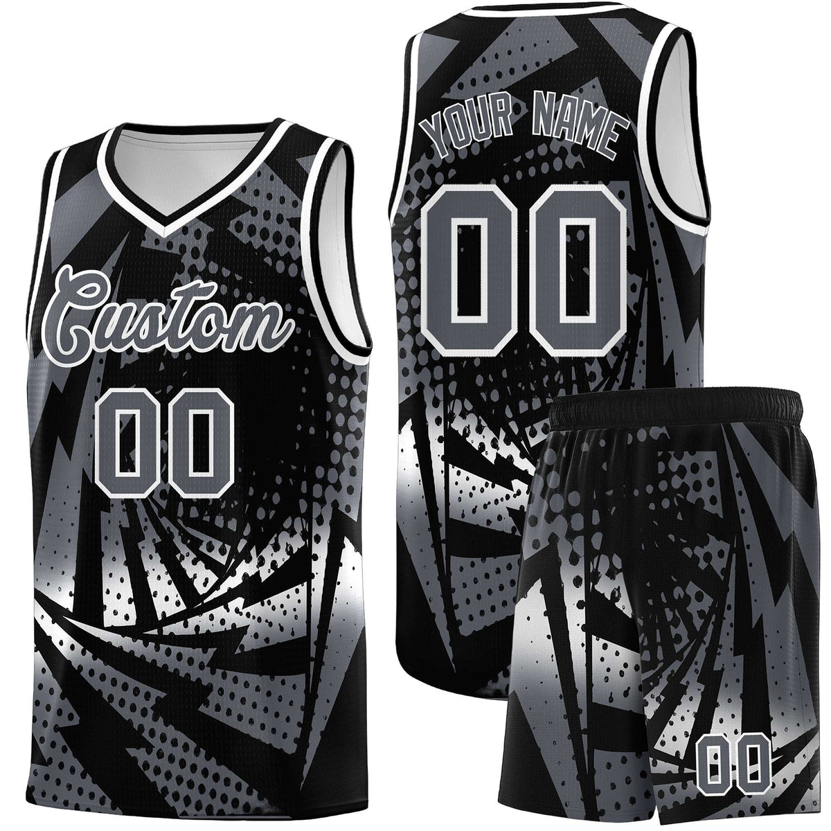Custom Youth Basketball Jerseys Black Dark Gray Lightning Design Halftone Personalized Uniforms