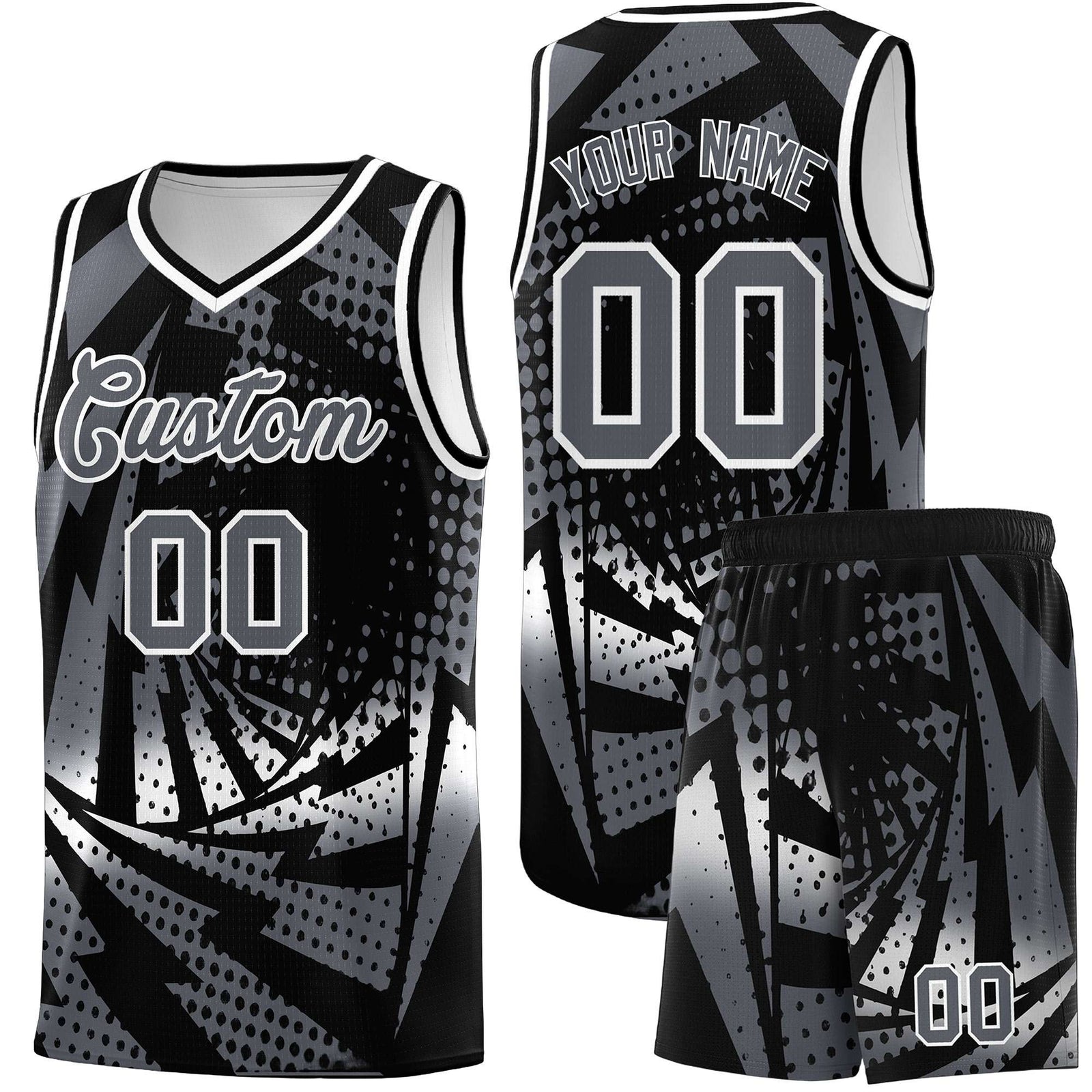 Custom Youth Basketball Jerseys Black Dark Gray Lightning Design Halftone Personalized Uniforms