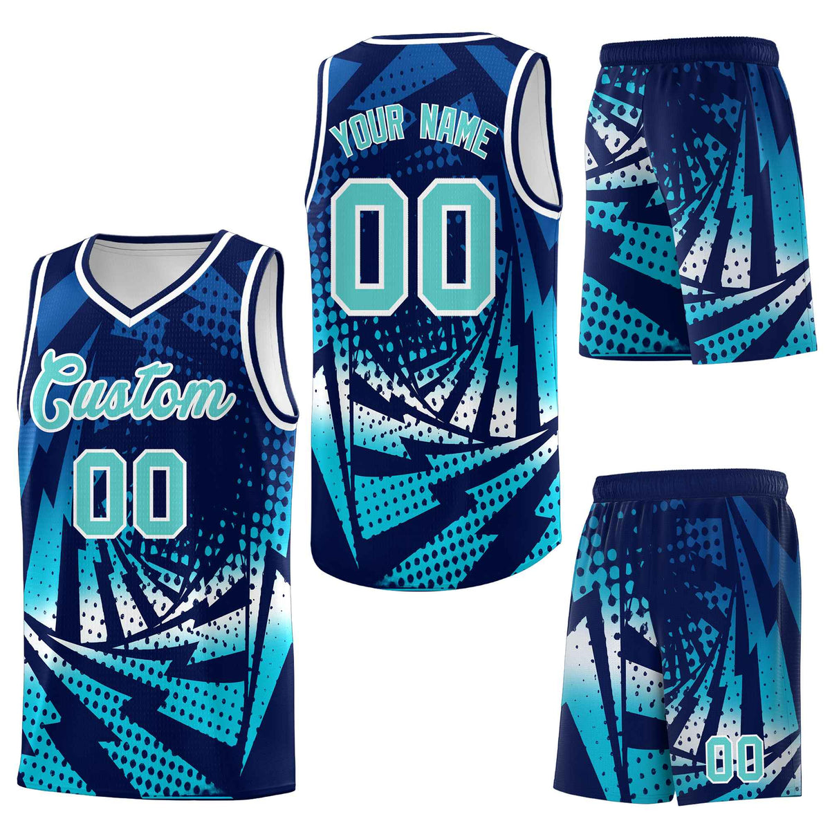 Custom Navy Sky Blue Lightning Halftone Dot Design Wrinkle-Resistant Uniform Basketball Jersey