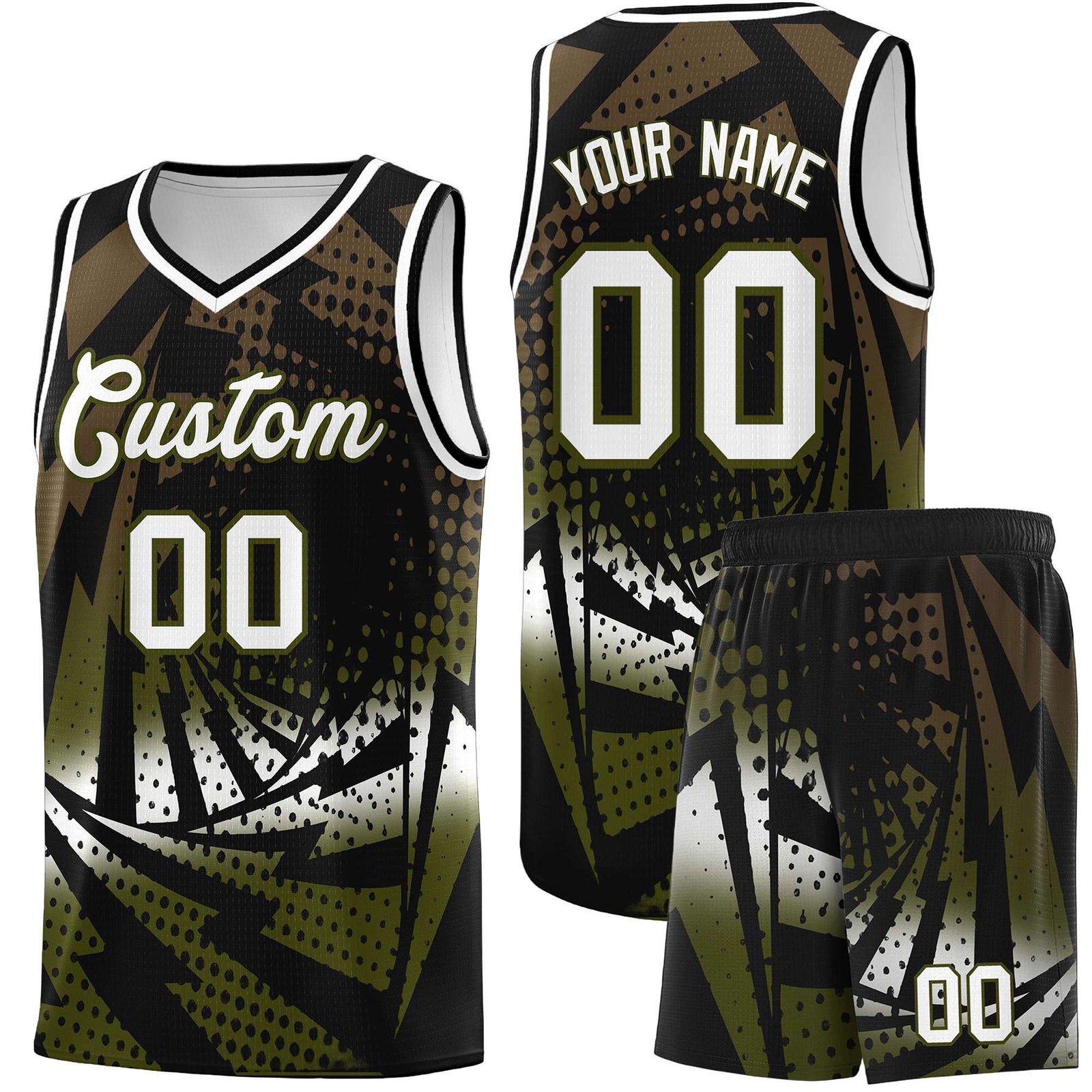 Custom Youth Basketball Jerseys Black Olive Lightning Design Halftone Personalized Uniforms