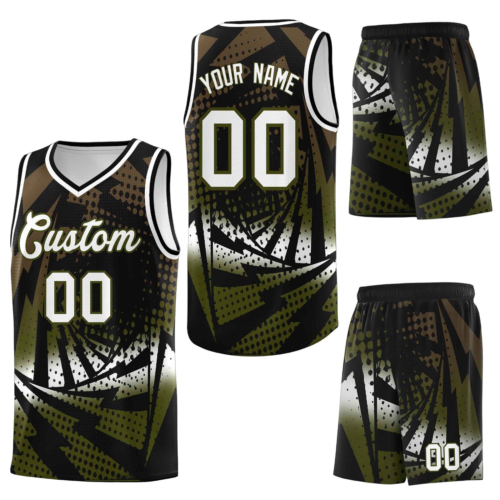 Custom Black Olive Lightning Halftone Dot Design Drapable Uniform Basketball Jersey