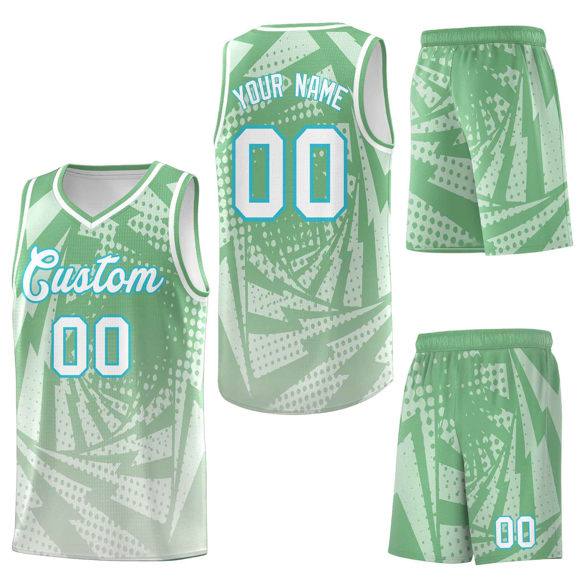 Custom Green Gray Lightning Halftone Dot Design Breathable Uniform Basketball Jersey