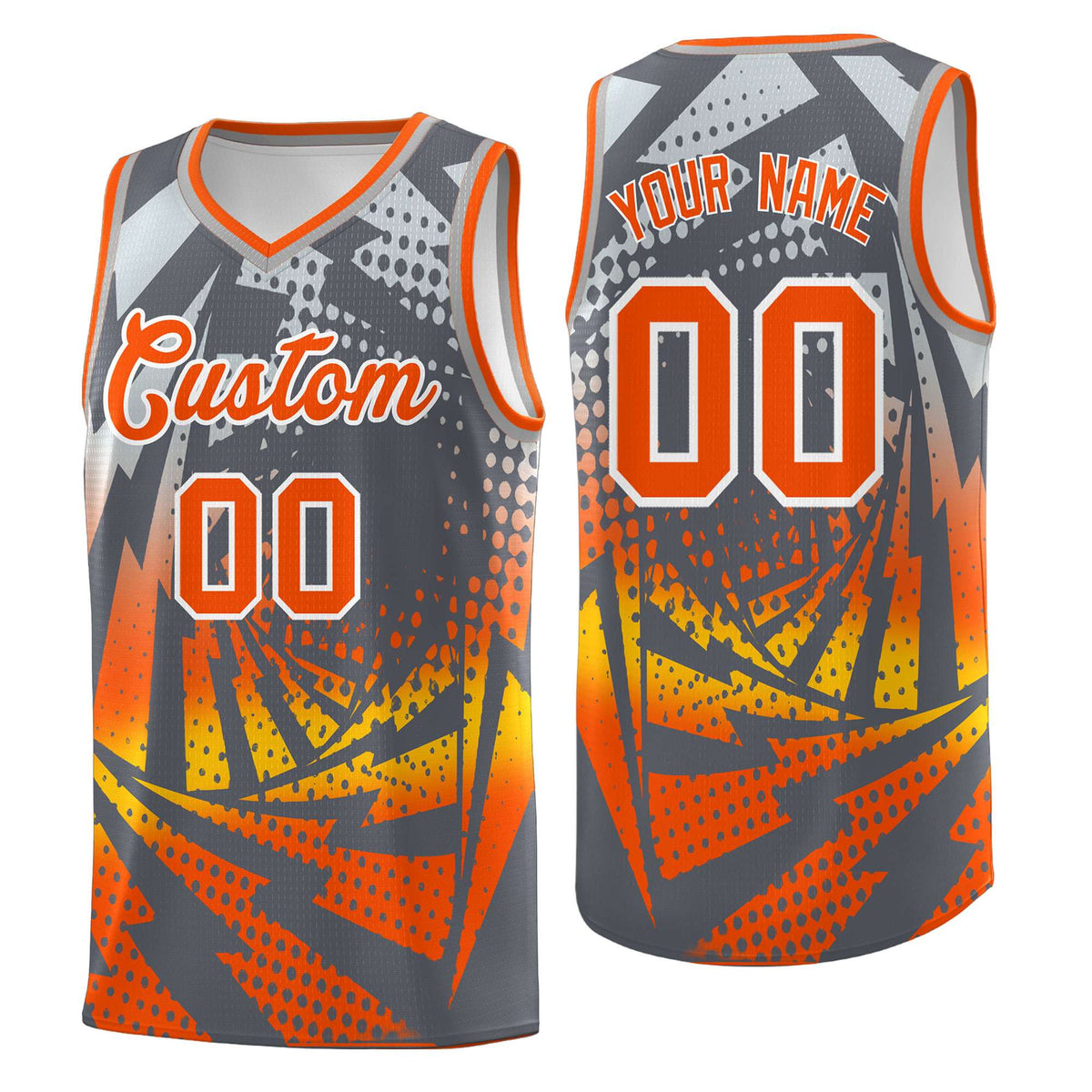 Custom Youth Basketball Jerseys Dark Gray Orange Lightning Design Halftone Personalized Uniforms