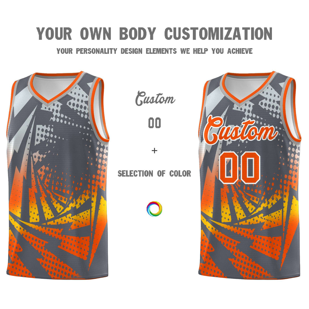 Custom Youth Basketball Jerseys Dark Gray Orange Lightning Design Halftone Personalized Uniforms