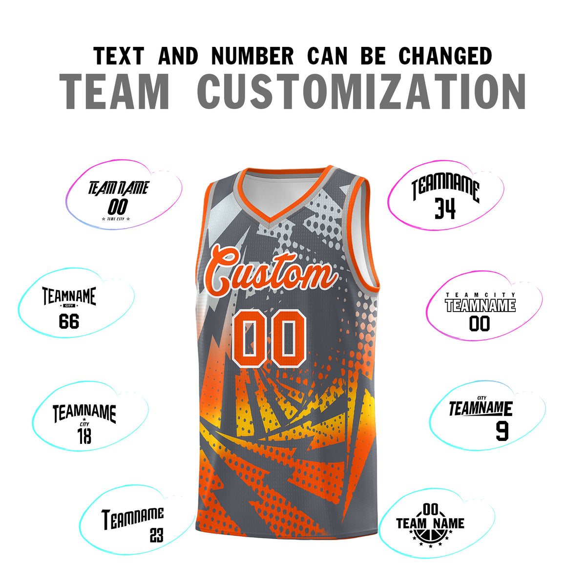 Custom Youth Basketball Jerseys Dark Gray Orange Lightning Design Halftone Personalized Uniforms