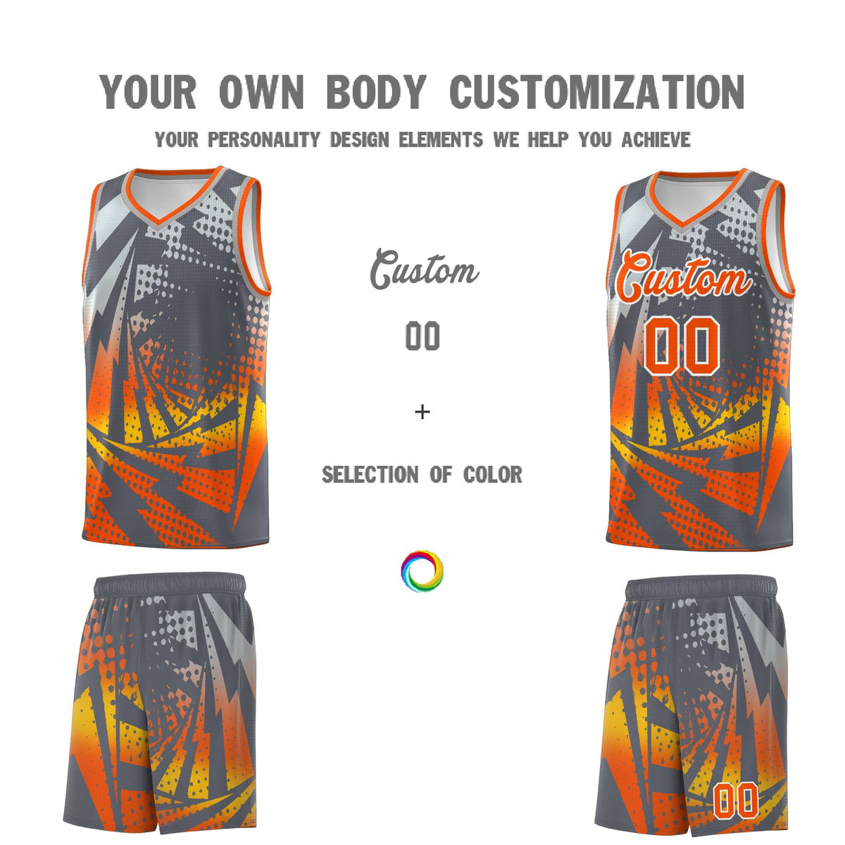 Custom Youth Basketball Jerseys Dark Gray Orange Lightning Design Halftone Personalized Uniforms