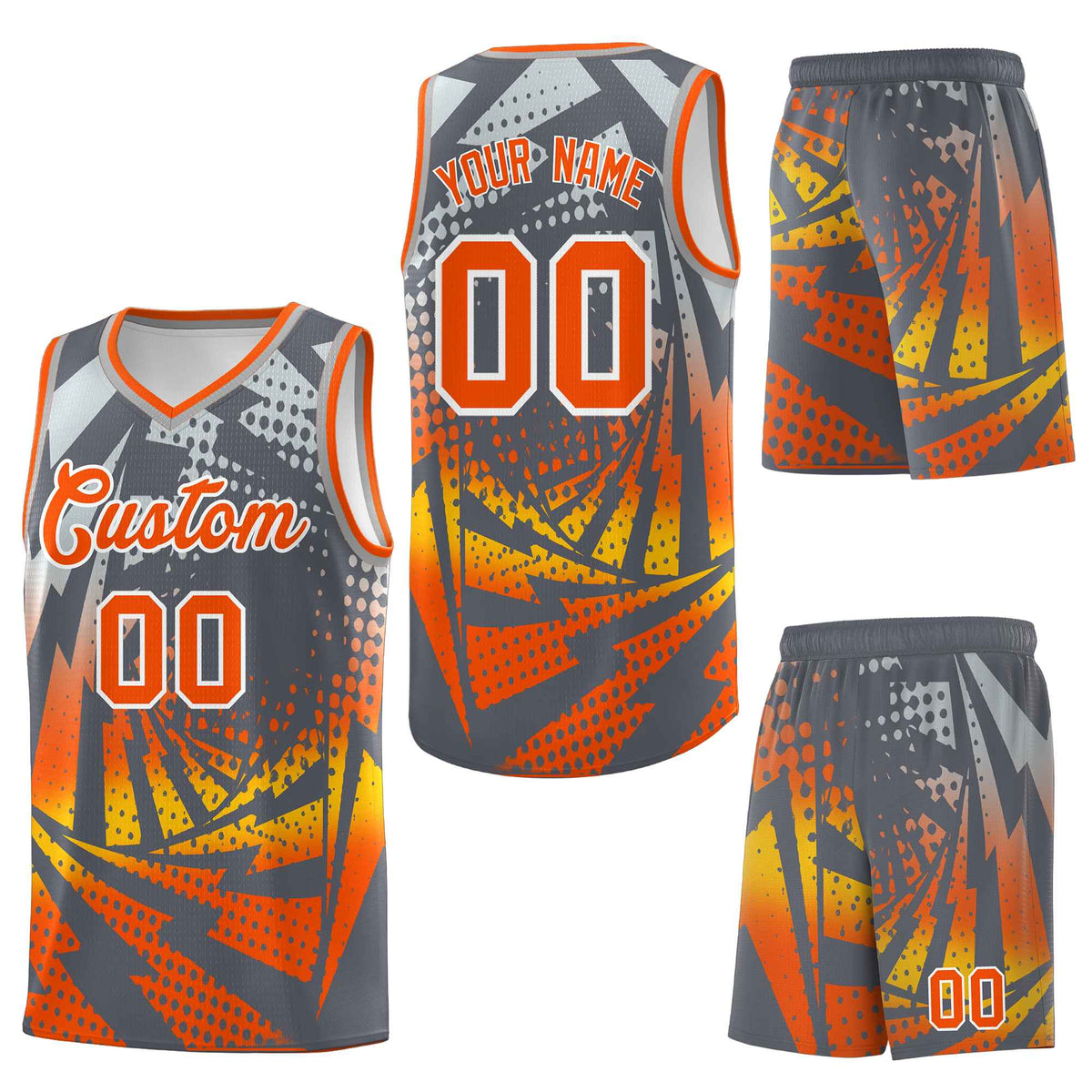 Custom Dark Gray Orange Lightning Halftone Dot Design Quick-Drying Uniform Basketball Jersey