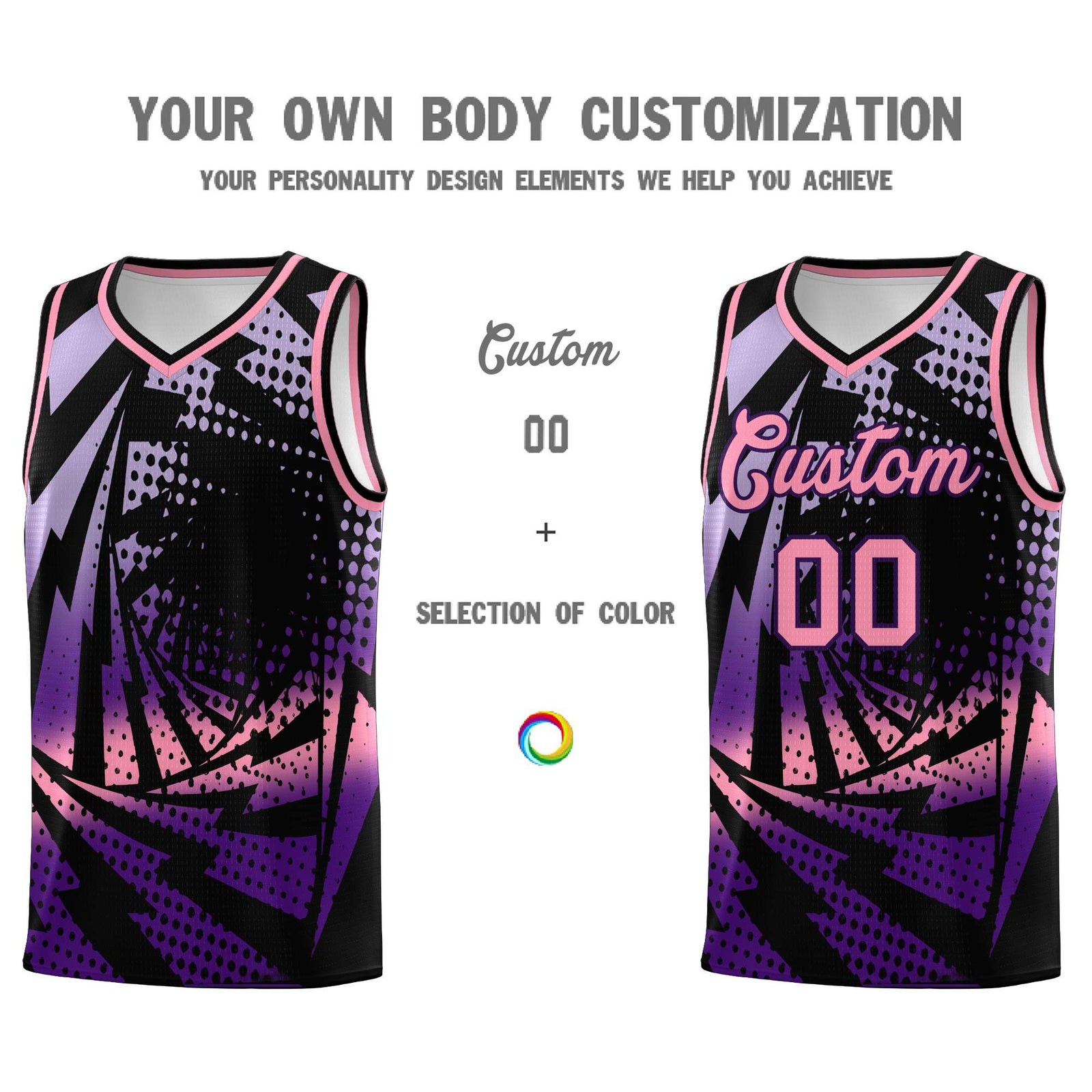 Custom Youth Basketball Jerseys Black Purple Lightning Halftone Personalized Team Uniforms
