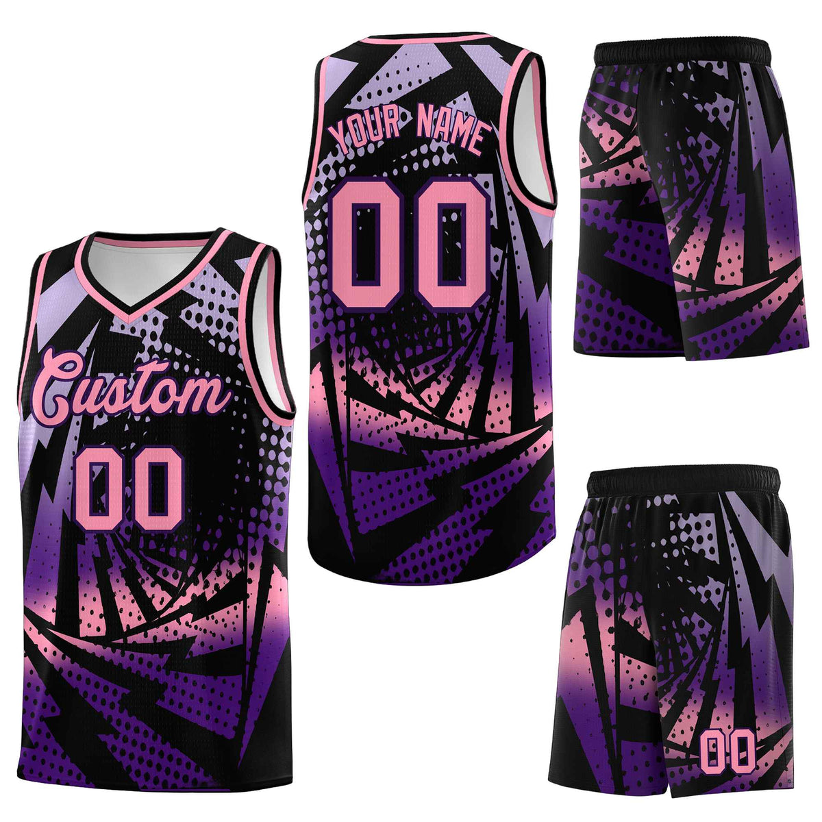 Custom Black Purple Lightning Halftone Dot Design Lightweight Uniform Basketball Jersey