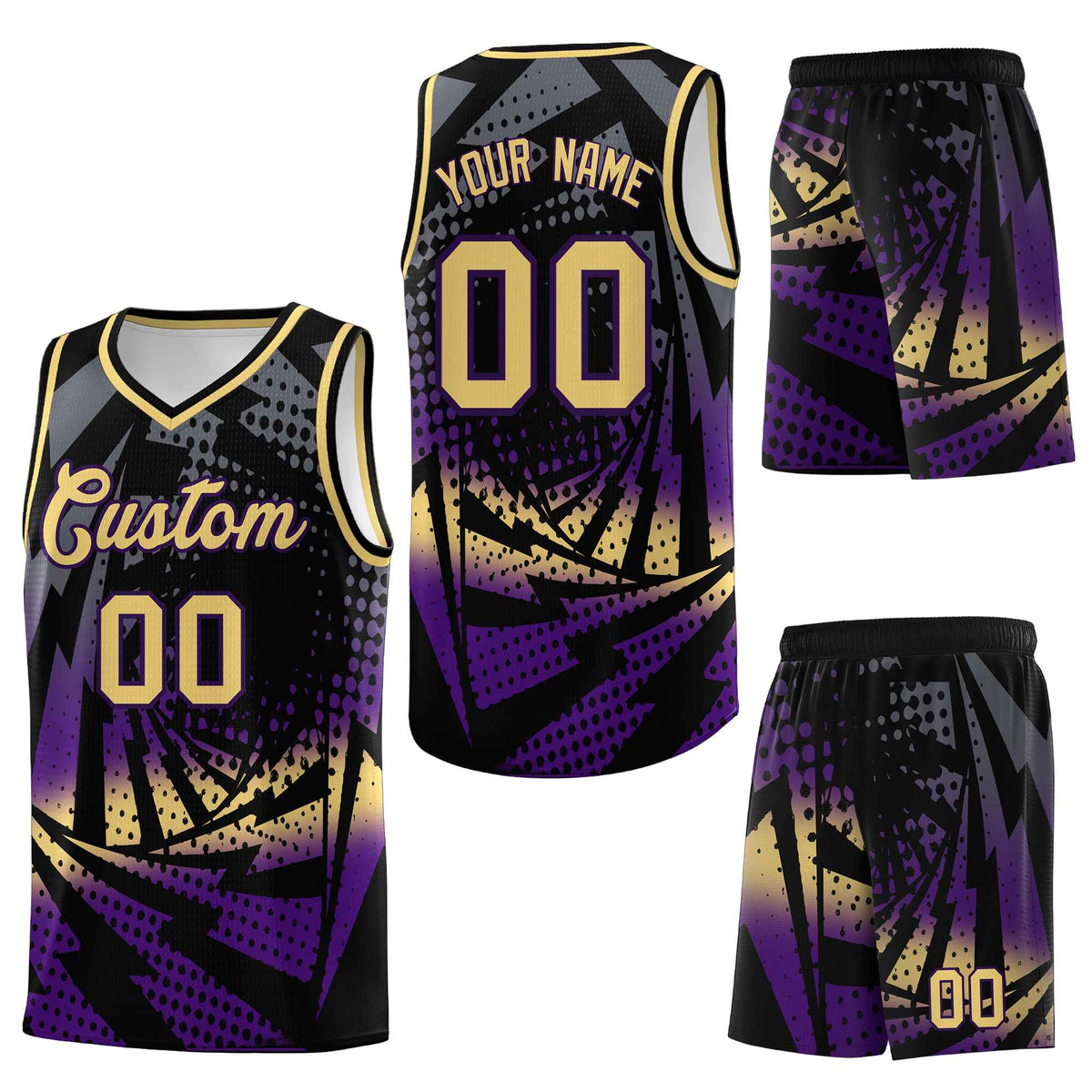 Custom Black Purple Lightning Halftone Dot Design Wrinkle-Resistant Uniform Basketball Jersey