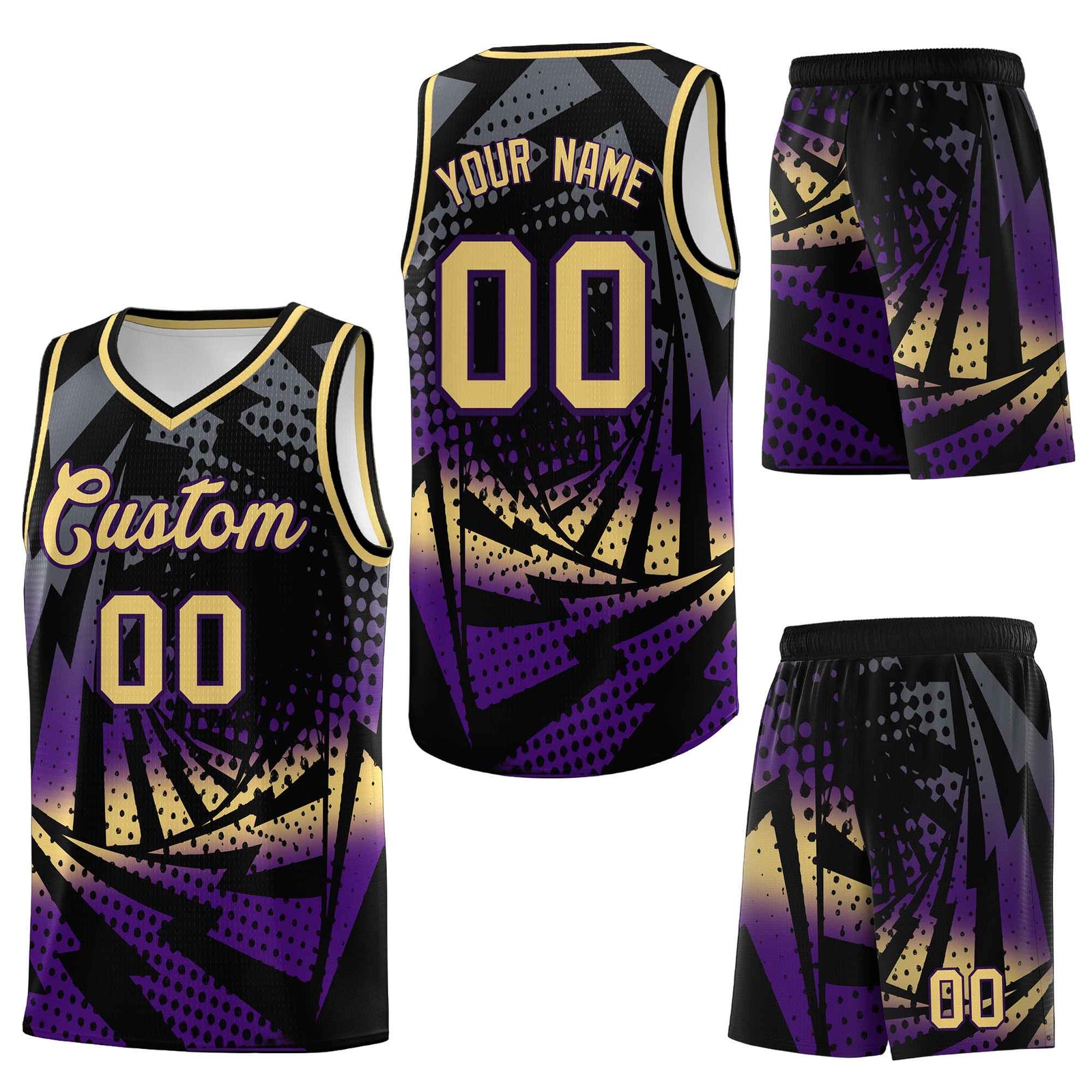 Custom Black Purple Lightning Halftone Dot Design Wrinkle-Resistant Uniform Basketball Jersey