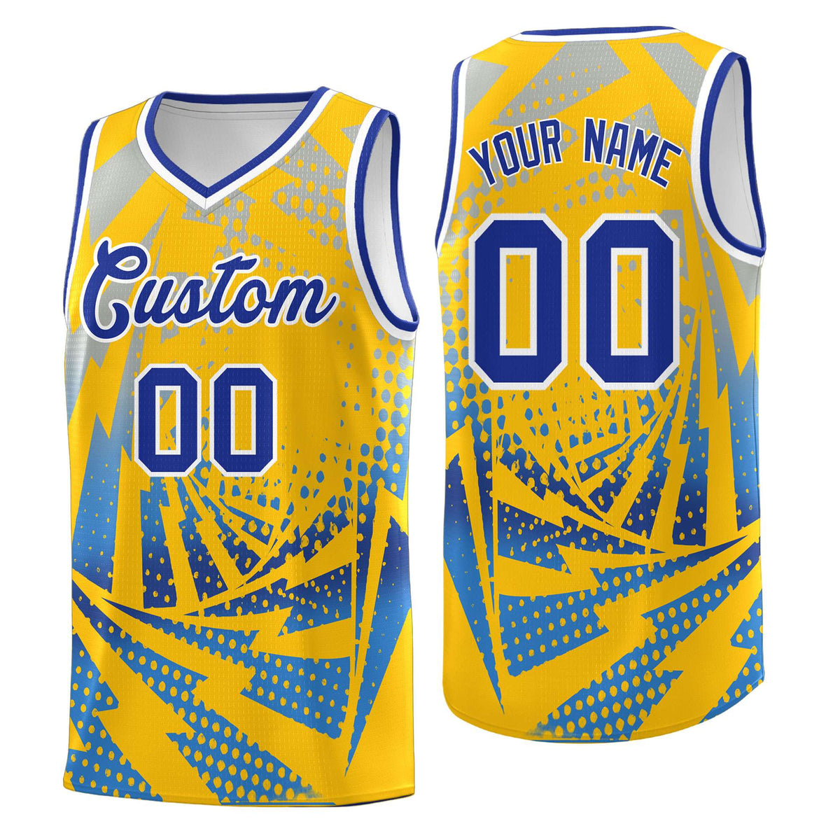 Custom Youth Basketball Jerseys Gold Powder Blue Lightning Halftone Personalized Team Uniforms