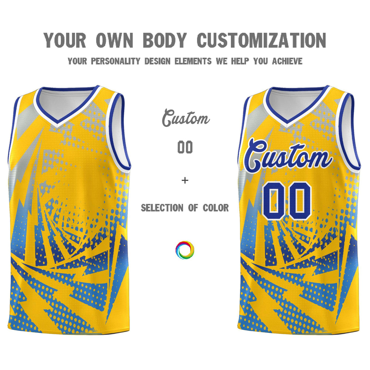 Custom Youth Basketball Jerseys Gold Powder Blue Lightning Halftone Personalized Team Uniforms