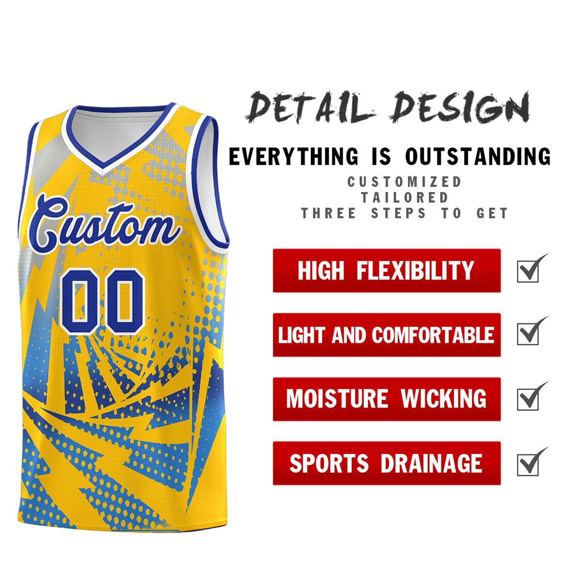 Custom Youth Basketball Jerseys Gold Powder Blue Lightning Halftone Personalized Team Uniforms