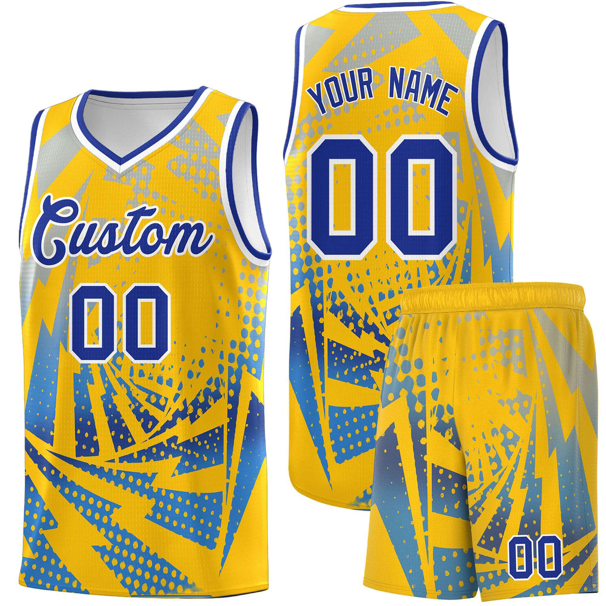 Custom Youth Basketball Jerseys Gold Powder Blue Lightning Halftone Personalized Team Uniforms