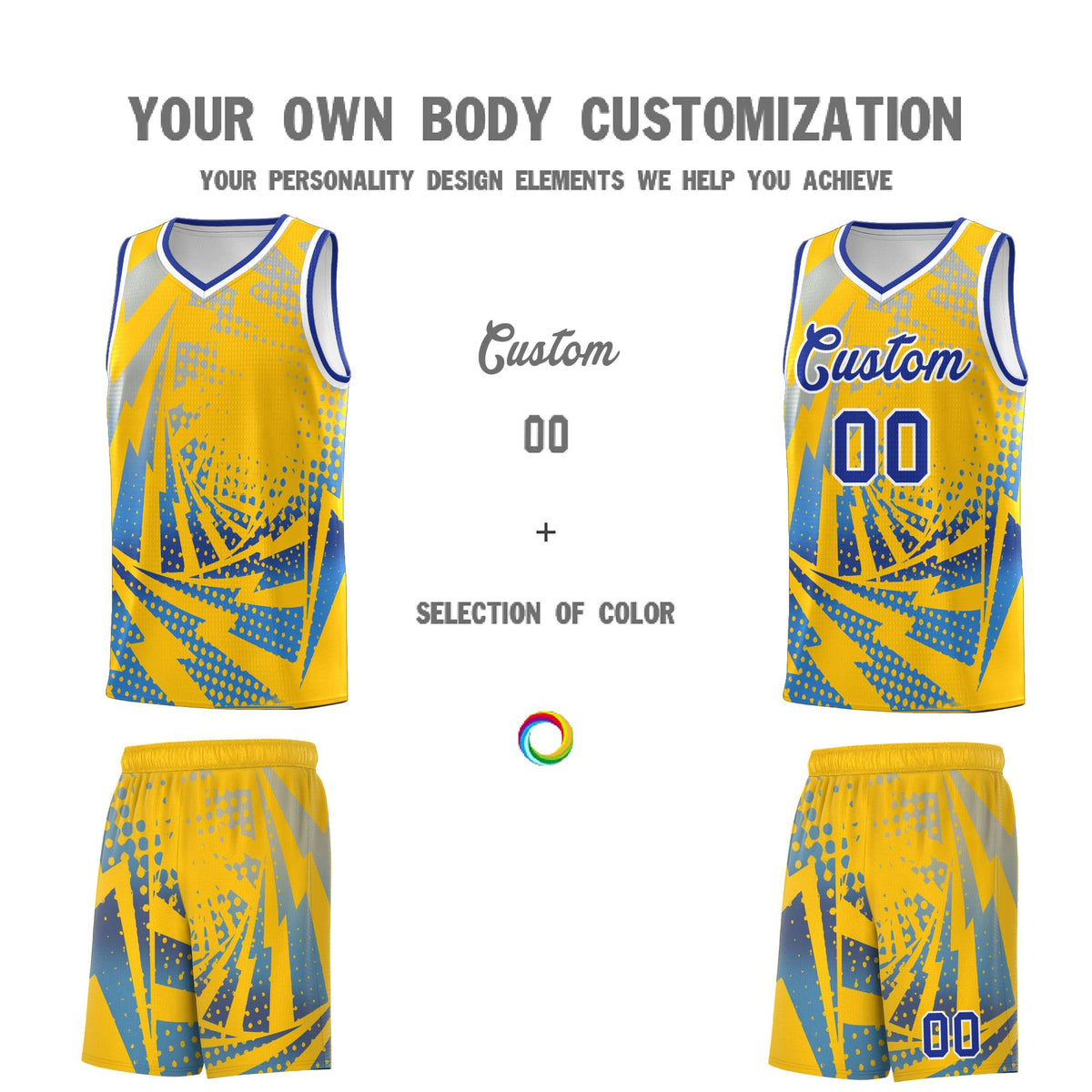 Custom Youth Basketball Jerseys Gold Powder Blue Lightning Halftone Personalized Team Uniforms