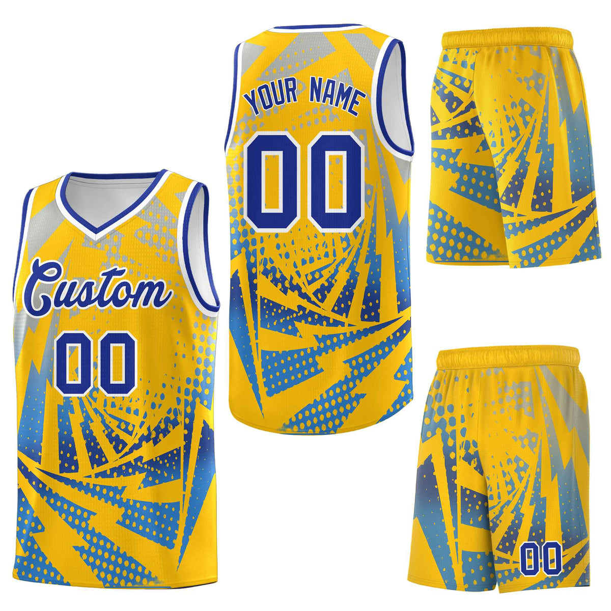 Custom Gold Powder Blue Lightning Halftone Dot Design Quick-Drying Uniform Basketball Jersey