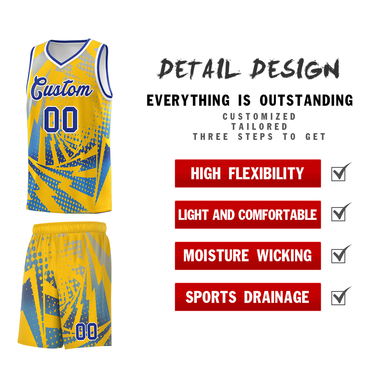 Custom Youth Basketball Jerseys Gold Powder Blue Lightning Halftone Personalized Team Uniforms