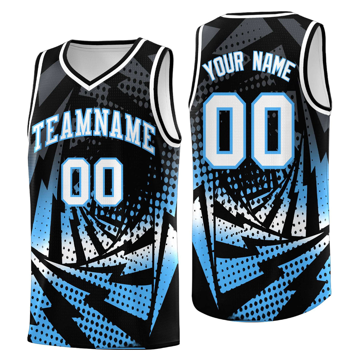Custom Youth Basketball Jerseys Black Powder Blue Lightning Design Halftone Personalized Uniforms