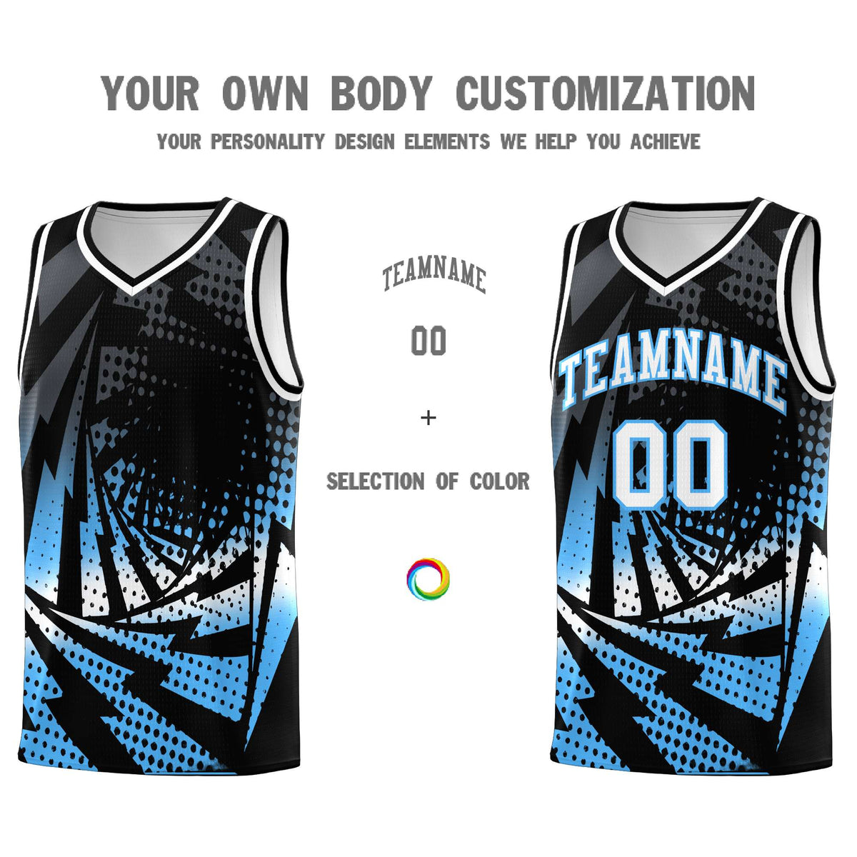 Custom Youth Basketball Jerseys Black Powder Blue Lightning Design Halftone Personalized Uniforms